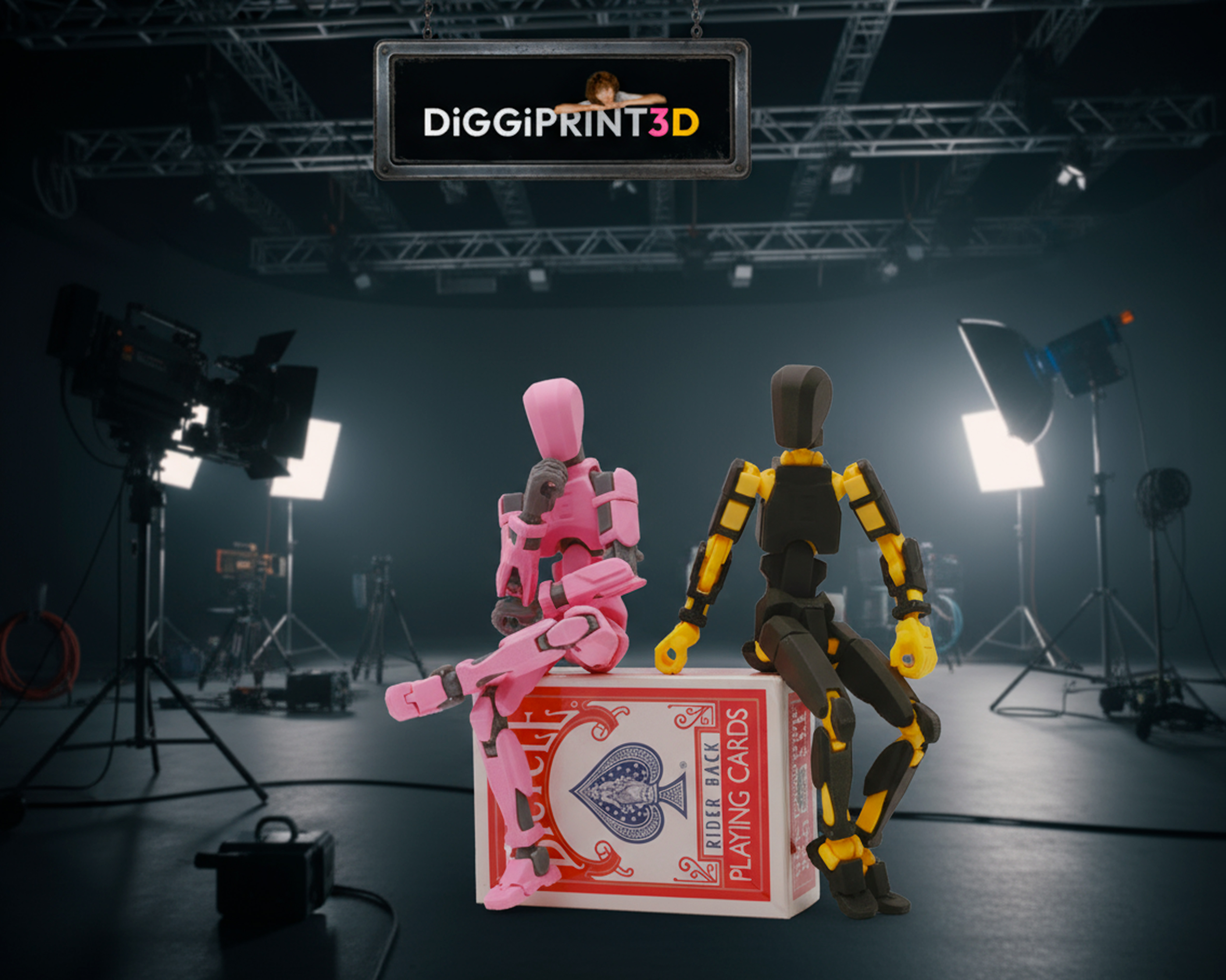 Dummy 13 on studio set sitting on cards